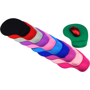 A collection of silicone mouse pads in various colours, including black, red, pink, and green, with a computer mouse.