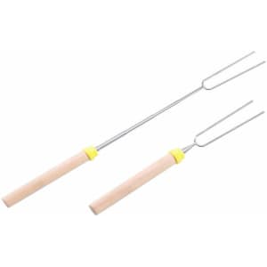 A telescopic barbecue fork set featuring stainless steel prongs with yellow and wooden handles.