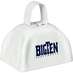 A classic white cowbell with a handle and a branding logo on the front.
