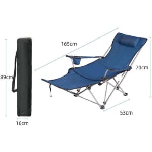 A navy blue camping lounge chair with a cup holder, shown unfolded and folded with dimensions. It has a logo on it.