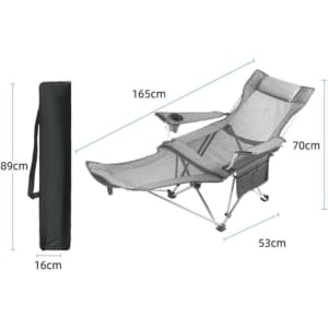 A grey camping lounge chair with a side drink holder, shown alongside a folded carry bag. Dimensions included.