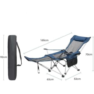 A folding camping lounge chair in blue with a mesh design, dimensions provided, and a black carry case.