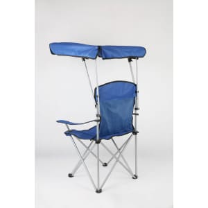 Folding beach chair with a blue canopy and silver frame, designed for outdoor relaxation.