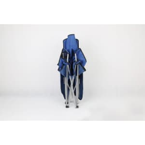 A set of folding beach chairs with a blue canopy and a silver frame, arranged in an upright position.