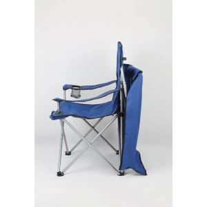 A blue folding beach chair with a silver frame, featuring a mesh cup holder and a canopy attachment.