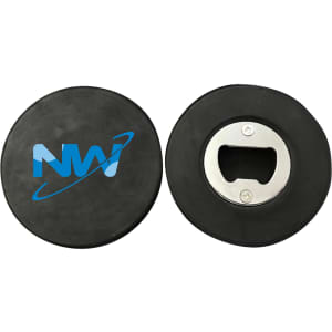 A drink bottle opener designed to resemble a hockey puck, featuring a metal bottle opener and a logo on one side.