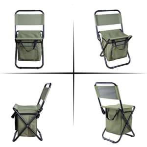A green folding chair with an insulated bag attached, featuring a metal frame and multiple viewing angles.