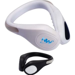 A white and black LED clip-on shoe light with a flexible design and a logo. Suitable for outdoor use.