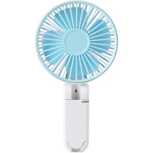 A rechargeable folding hand-held fan in blue and white with a compact design and a built-in logo.