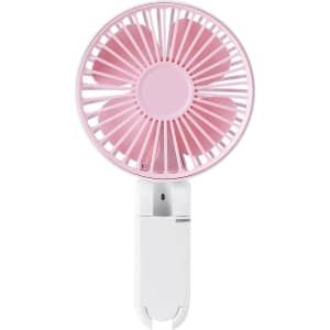 A pink and white rechargeable folding hand-held fan with a circular design and a branded logo on the handle.