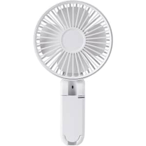 A white rechargeable folding hand-held fan with a circular blade design and a compact handle.