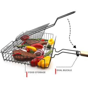 A barbecue net with a black metal grill, featuring assorted vegetables and meats inside, attached to a wooden handle.