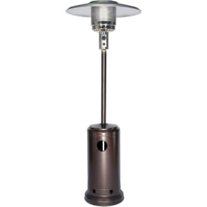 A bronze outdoor floor stand patio heater with a glass top, featuring a central column and base.
