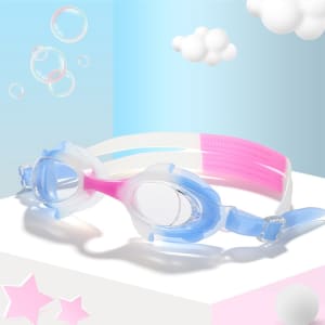 Children's swimming glasses in blue and pink, featuring transparent lenses and adjustable straps.