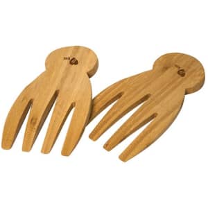 Bamboo salad hands in light brown, featuring a logo, with a fork-like design for serving salad.