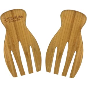 Bamboo salad hands in a natural finish, featuring a branded logo on one side.