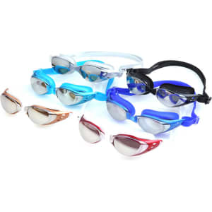 A collection of adult swimming eyeglasses in various colours, including blue, black, and clear, with varying designs.