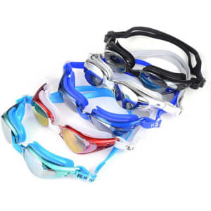 A collection of adult swimming eyeglasses in various colours, including blue, black, red, and clear, with a logo.