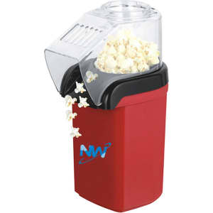 A red popcorn machine with a clear top, displaying popped popcorn spilling out. It features a branding logo.