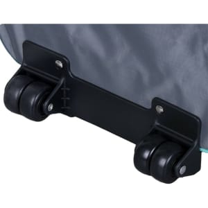 Black wheels of a foldable trolley with a grey cooler bag, featuring a sturdy base for easy mobility.