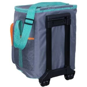 A foldable trolley cooler bag in grey, with turquoise accents and a black wheeled handle. It features a side mesh pocket.