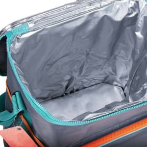 A foldable trolley rolling cooler bag in grey with turquoise accents and an insulated interior. It also features a zipper.