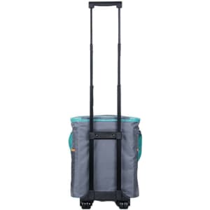 A foldable trolley cooler bag in grey with a teal interior, featuring a pull-out handle and wheels for easy transport.
