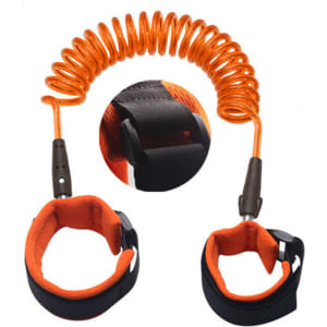 An orange coiled strap with two black wristbands. Each wristband features a fastening mechanism.