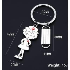 A silver keychain featuring a nurse character and a mask shape, with a circular metal ring and dimensions provided.