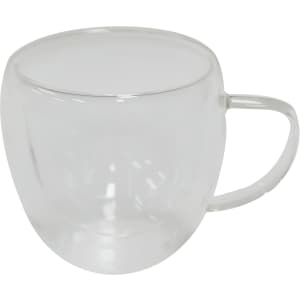 A transparent double wall glass mug with a curved shape and a handle. Features a simple, elegant design.