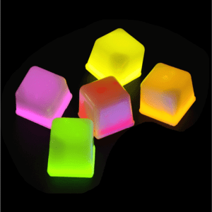 Light up ice cubes in pink, yellow, and green, featuring a bright, glowing design. Includes a logo in the corner.
