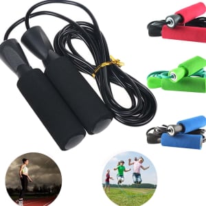 Fitness Quick Speed Jump Rope with bearing, featuring black handles and a long cable, with additional green and blue grips.