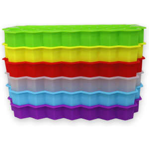 A stack of silicone ice cube trays in green, yellow, red, blue, and purple, featuring lids. Each tray has a wavy design.