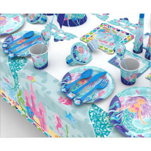A set of customised disposable party tableware featuring blue mermaid designs, including cups, plates, cutlery, and napkins.