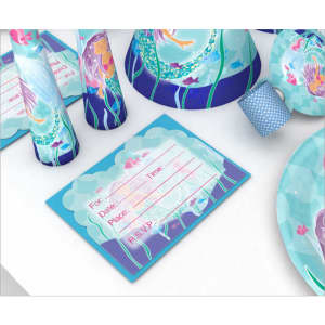 A set of customised disposable party tableware featuring blue and aqua designs, including cups, plates, and an RSVP card.