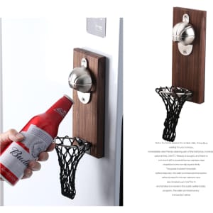 A wooden wall-mounted basketball opener with a metal bottle cap remover and a black net-like holder for bottles.