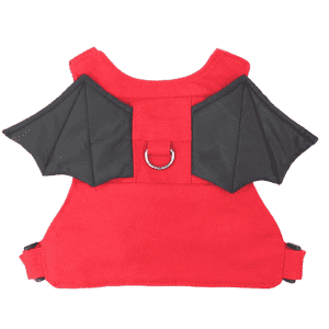 A red child anti-lost back strap with black bat wings and a metal attachment loop. It includes adjustable straps for secure fitting.