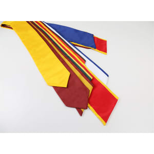 A collection of graduation stoles in various colours, arranged in a fan shape, featuring a logo on some.