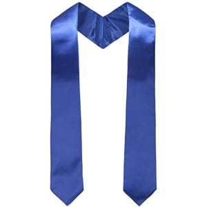 A blue graduation stole with a shiny finish, featuring a V-shaped design at the neck and long, flowing ends.