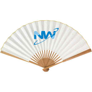 A folding fan with a white fabric surface and wooden handle, featuring a logo in the centre.