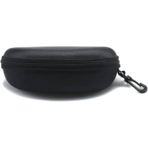 A black sunglass case with a clip, featuring a sturdy zipper and a textured surface.