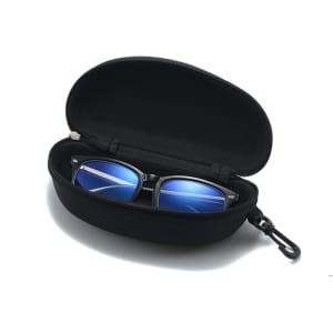 A black sunglass case with a clip, containing sunglasses with blue lenses inside.