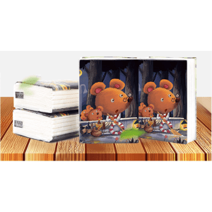Two packs of mini pocket tissues with a bear illustration on the front, featuring bright colours and a whimsical design.