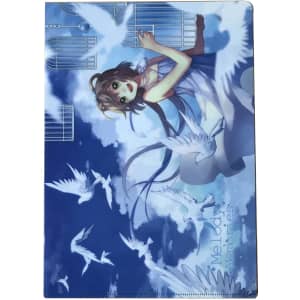 A blue plastic pocket folder featuring a whimsical design with birds and a girl against a cloudy background.
