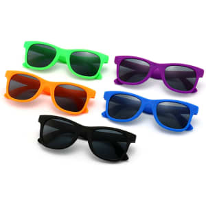 Five pairs of plastic sunglasses in green, orange, blue, purple, and black, featuring dark lenses.