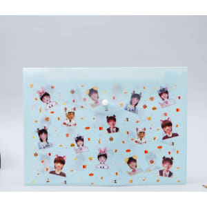 A light blue document envelope featuring assorted printed images and confetti-like decorations throughout.