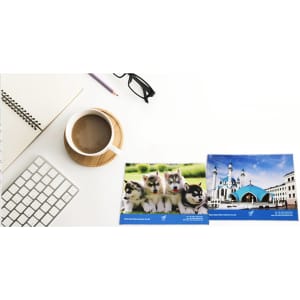 A set of microfiber glasses cloths featuring images of puppies and a building, with a white mug and keyboard in the background.