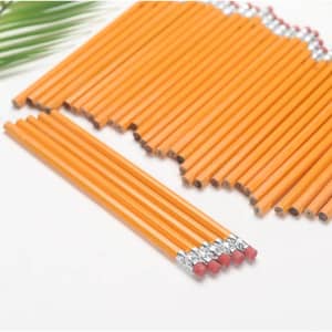A collection of round orange pencils with erasers, featuring a silver ferrule and visible graphite tips.