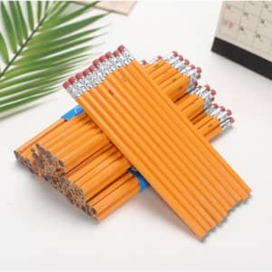 A collection of round orange pencils with erasers, showcasing a silver ferrule, arranged neatly in a pile.