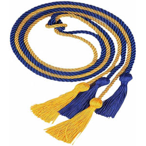 A graduation honour cord featuring blue and gold twisted strands with three tassels at one end.